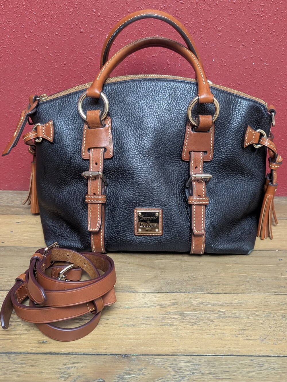 Dooney & Bourke Inspired Black and Brown Pebbled Leather Satchel